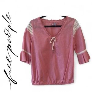 Vintage Free People Red & White Stripe Shirt with Bell Sleeves & Crochet Detail